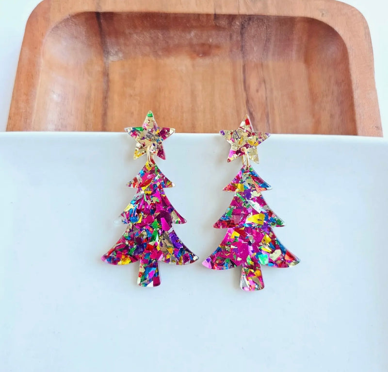 Christmas Tree Pink Sparkle Earrings