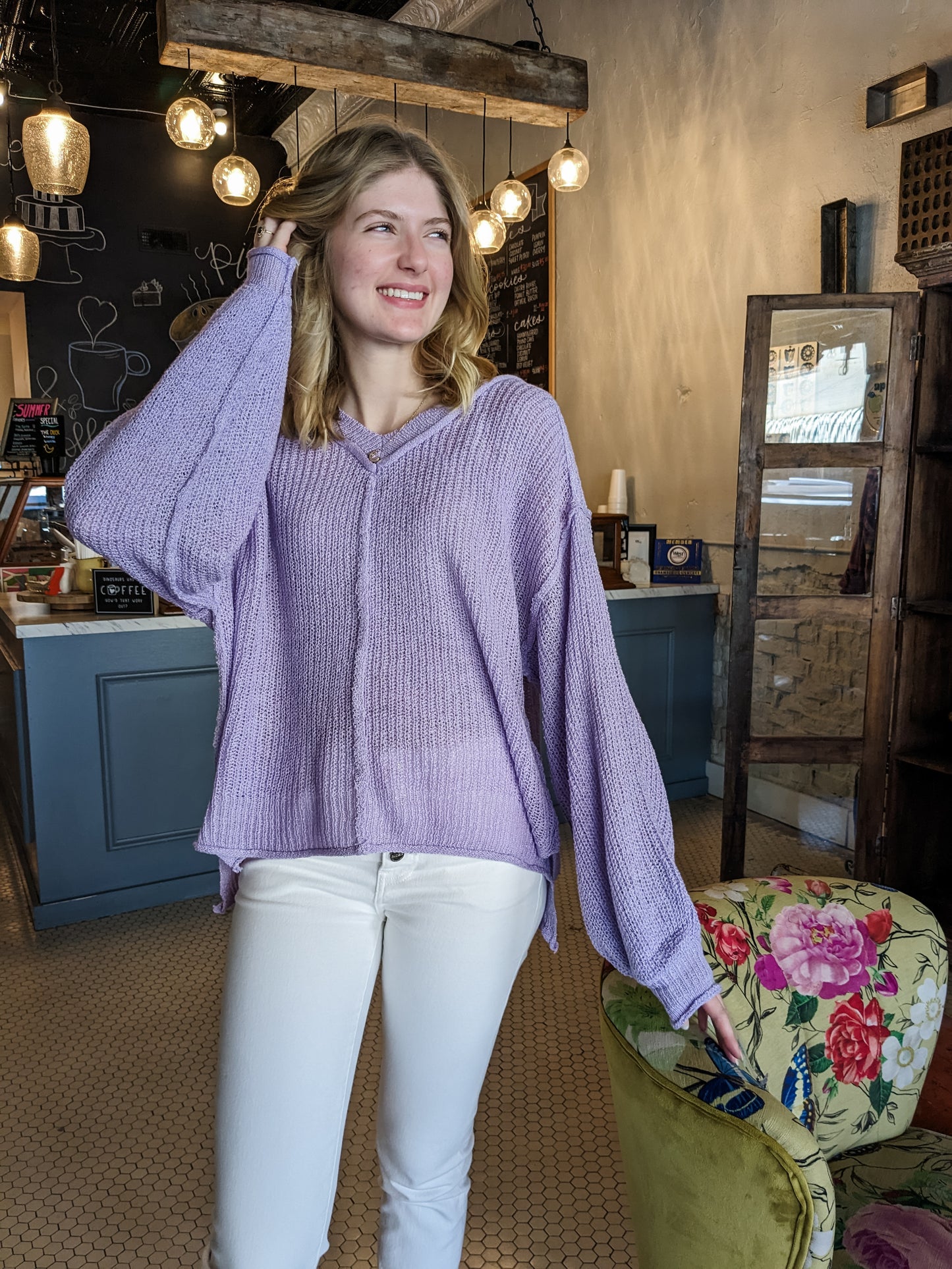 POL Lavender Balloon Sleeve Sweater