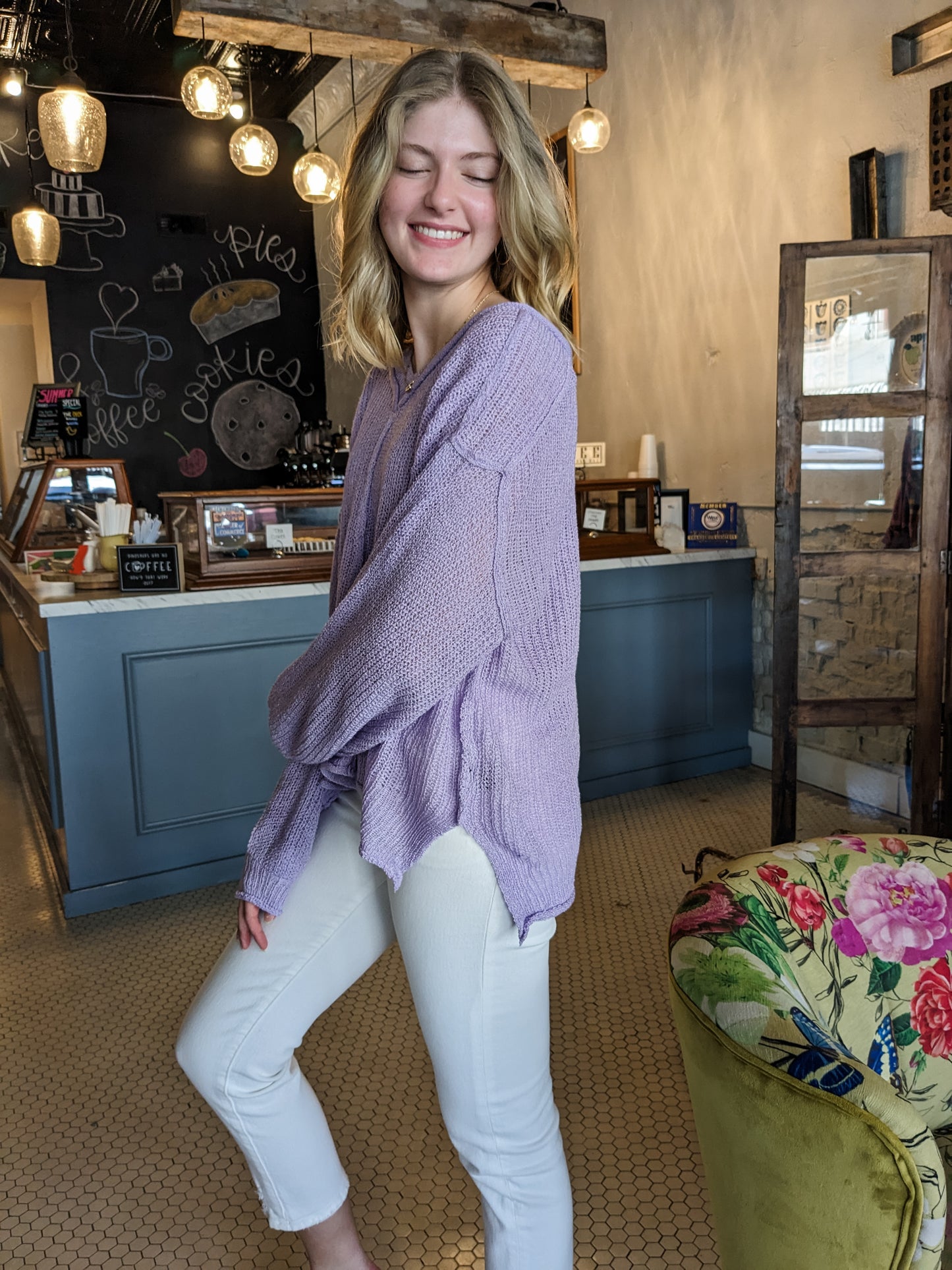 POL Lavender Balloon Sleeve Sweater