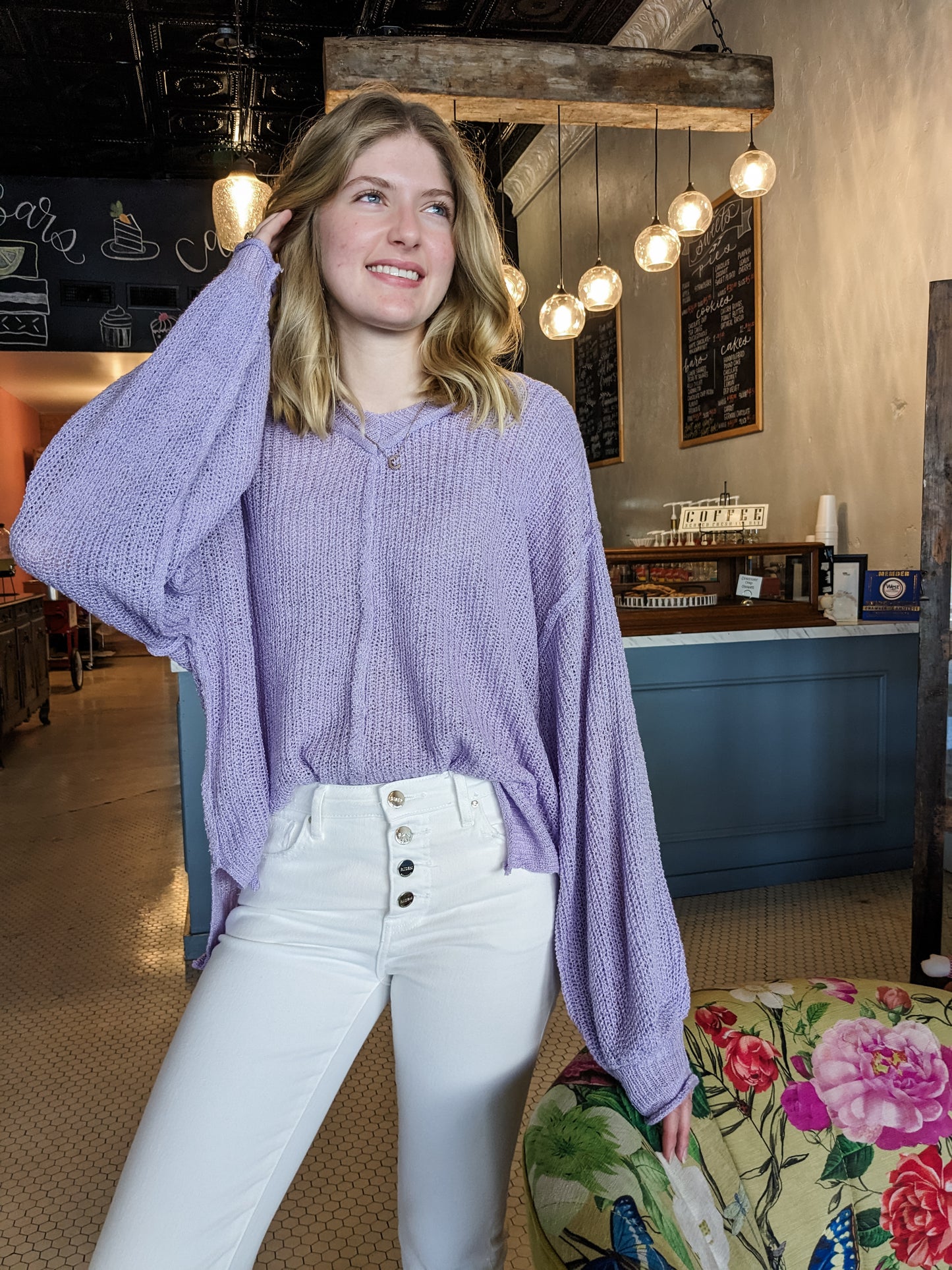 POL Lavender Balloon Sleeve Sweater