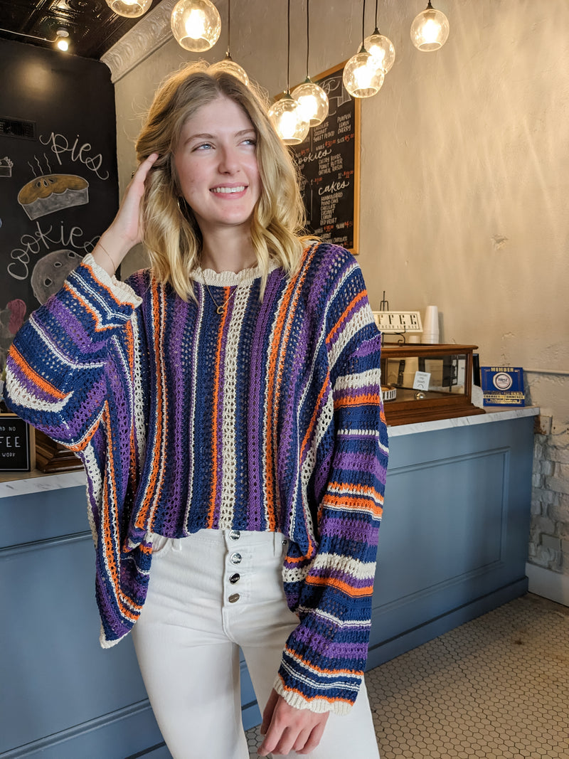 POL Multi Stripe Crochet Sweater