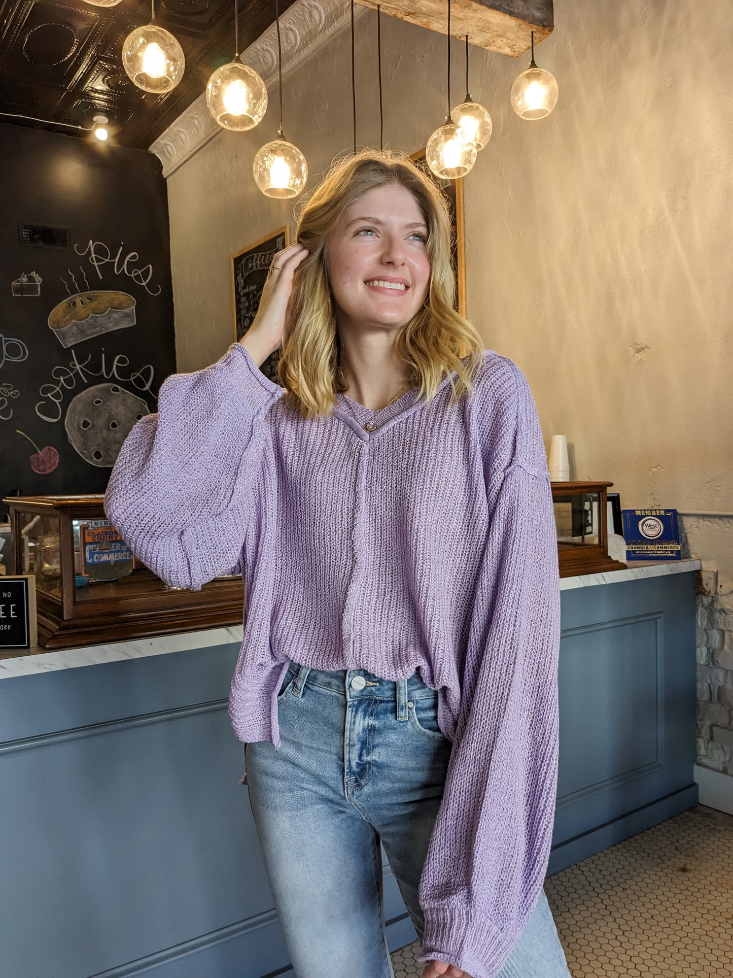 POL Lavender Balloon Sleeve Sweater