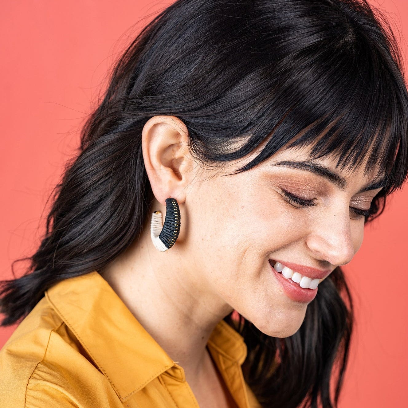 Black + Ivory Raffia Wrapped Hoops